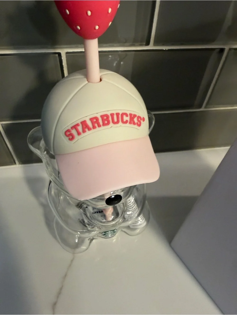 Starbucks Clear Bearista Glass Cup with Pink Strawberry Top. Brand new!